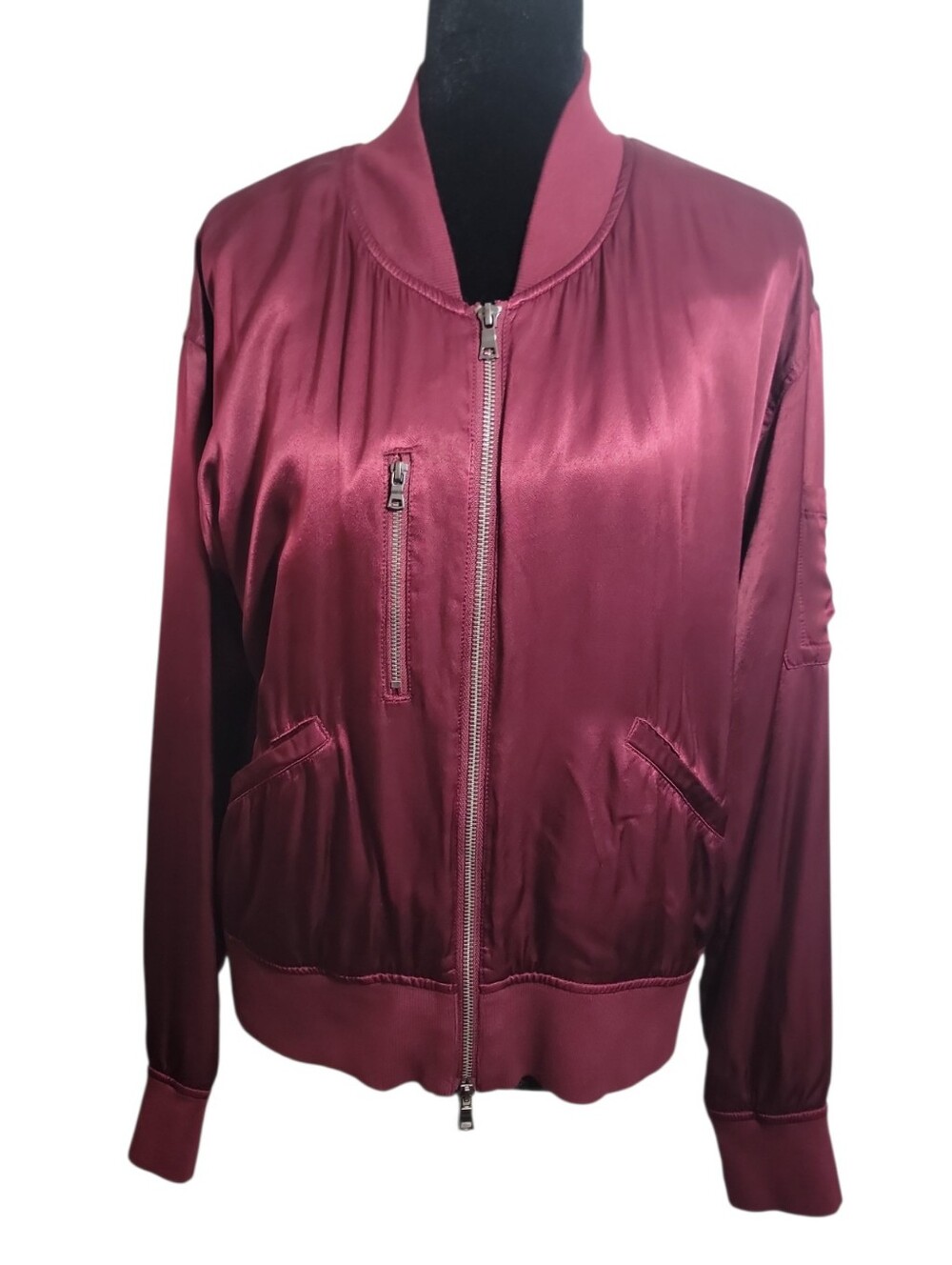 Evereve satin bomber jacket burgundy front utility pocket women's size small